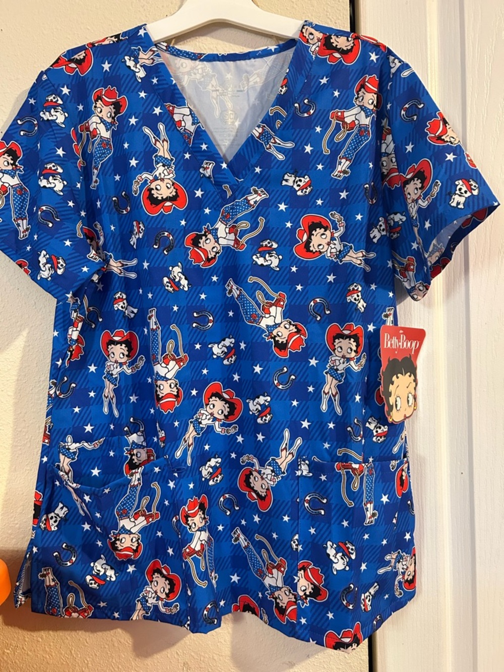 Betty Boop Blue Star & Character Print scrub Top